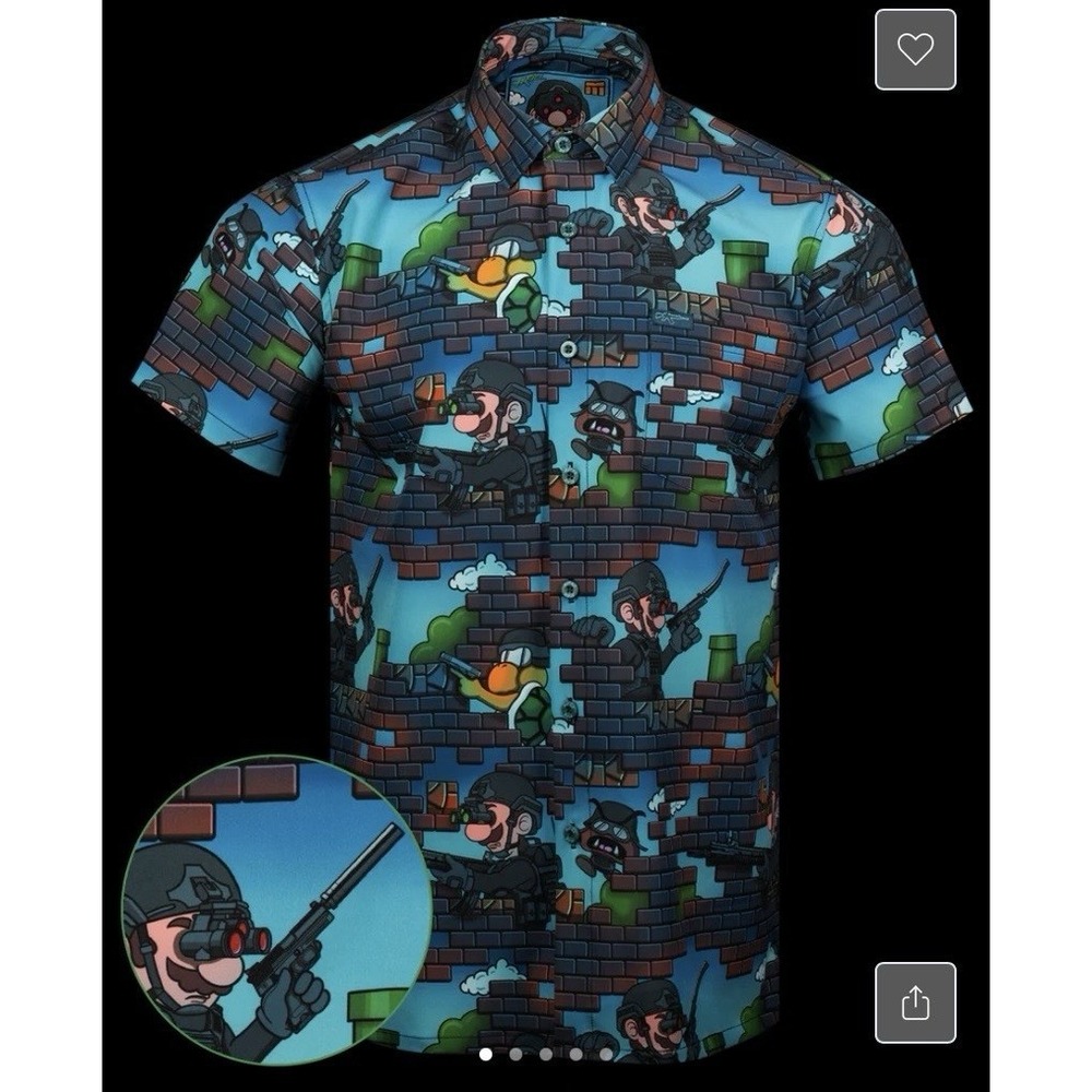 Retro Rifle "Operation Bros" Mario Theme Button Down‎ Shirt -  Men's- XL Tall - Picture 3 of 4